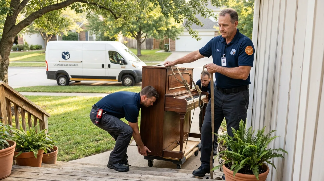 Licensed piano movers securing grand piano in Blue Point, NY