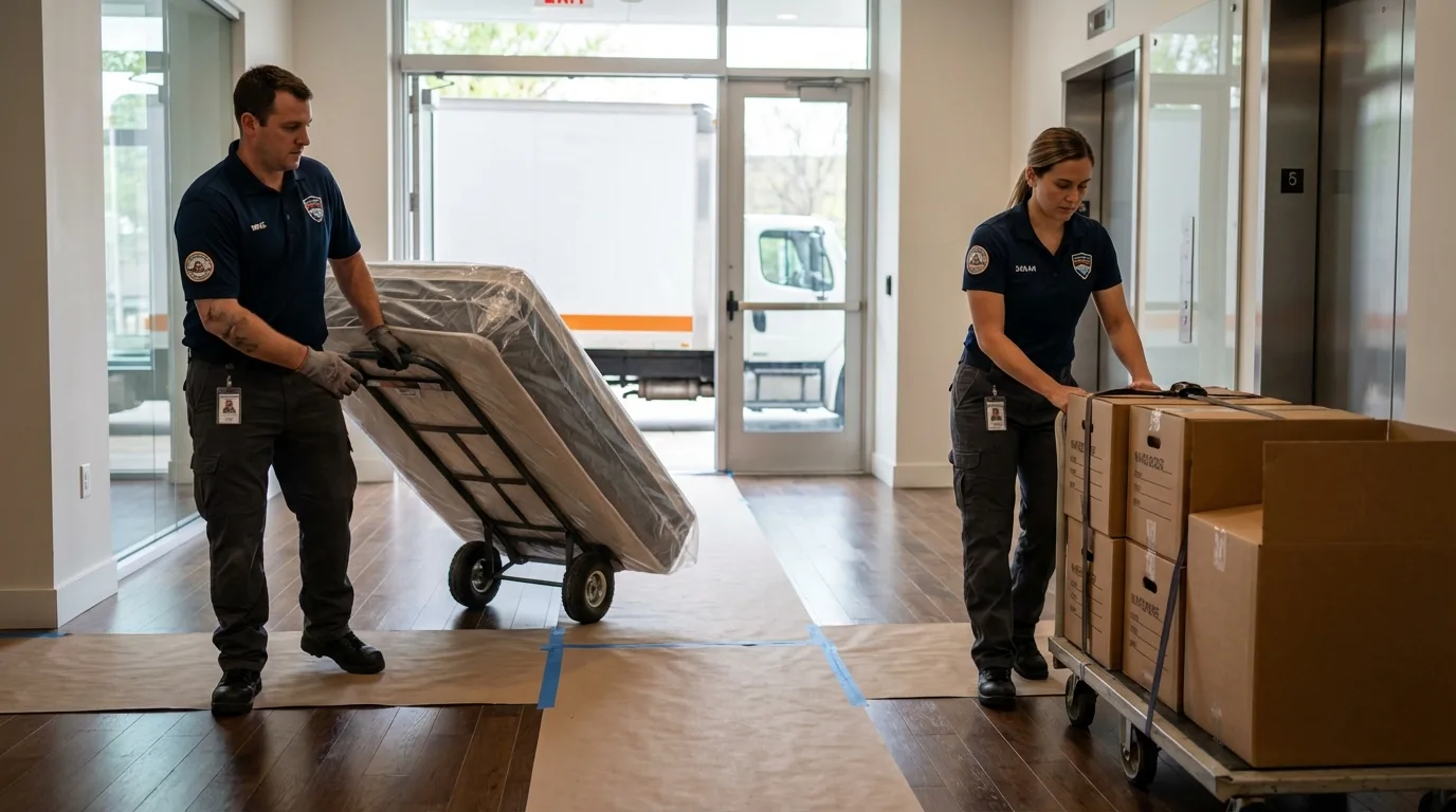 Professional apartment movers loading elevator in Blue Point, NY