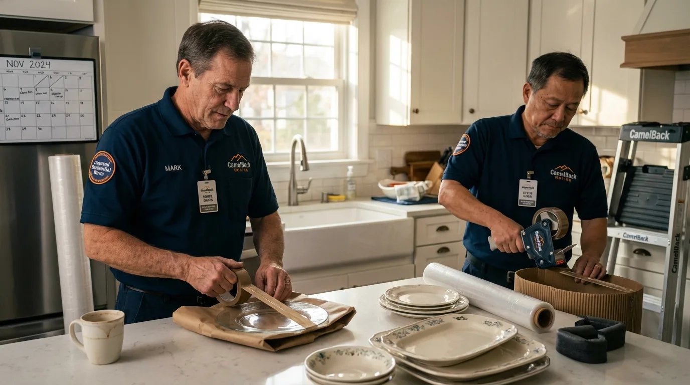 Professional crew packing kitchen dishware in Blue Point, NY